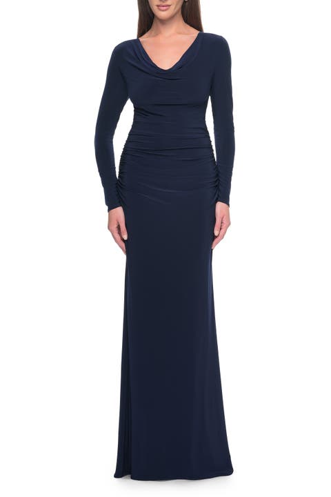 Long Jersey Evening Dress with Draped Neckline
