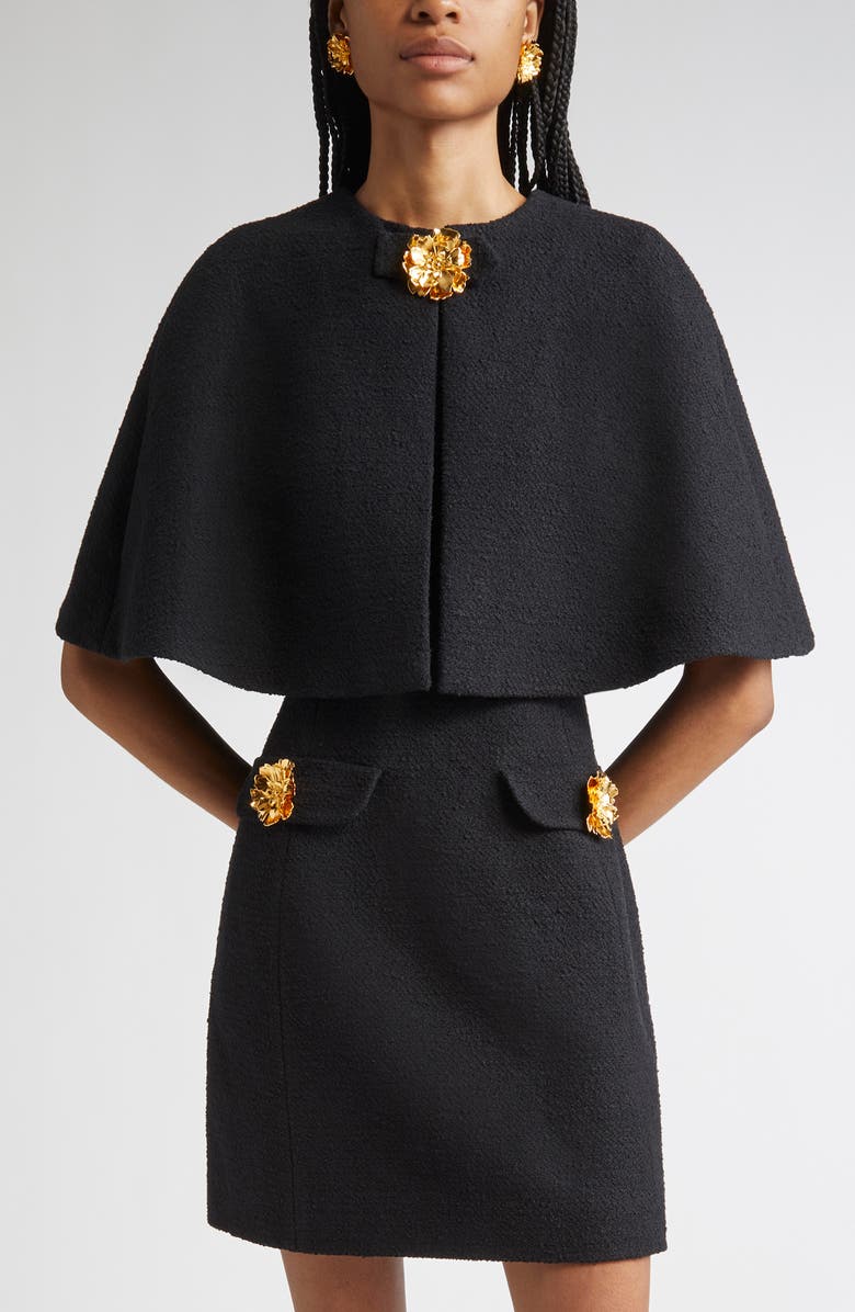 Oscar de la Renta Peony Detail Tweed Crop Cape, Main, color, Black