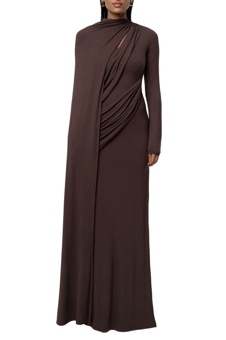 Draped Elegance Long Sleeve Gown, Main, color, BROWN