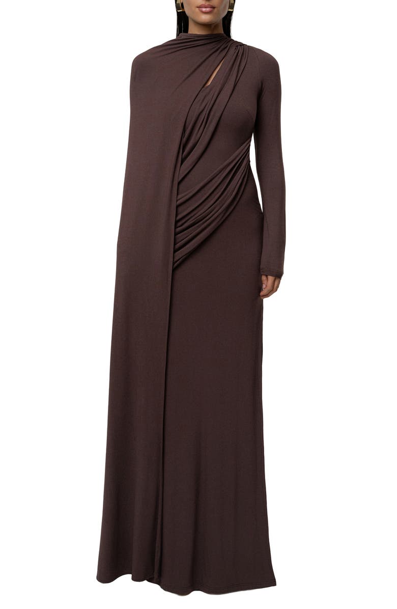 JLUXLABEL Draped Elegance Long Sleeve Gown, Main, color, Brown