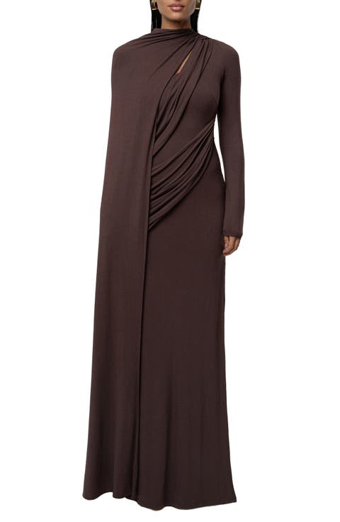 Draped Elegance Long Sleeve Gown