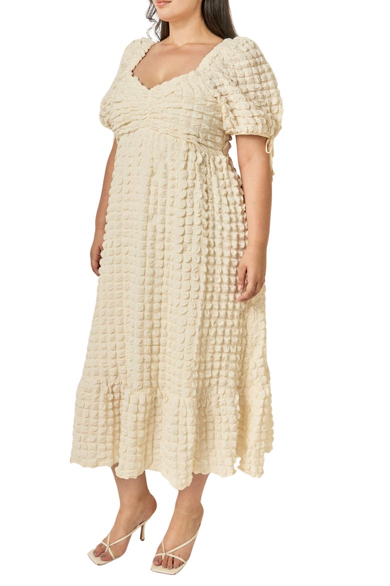 Textured Puffed Sleeve Midi Dress, Alternate, color, IVORY