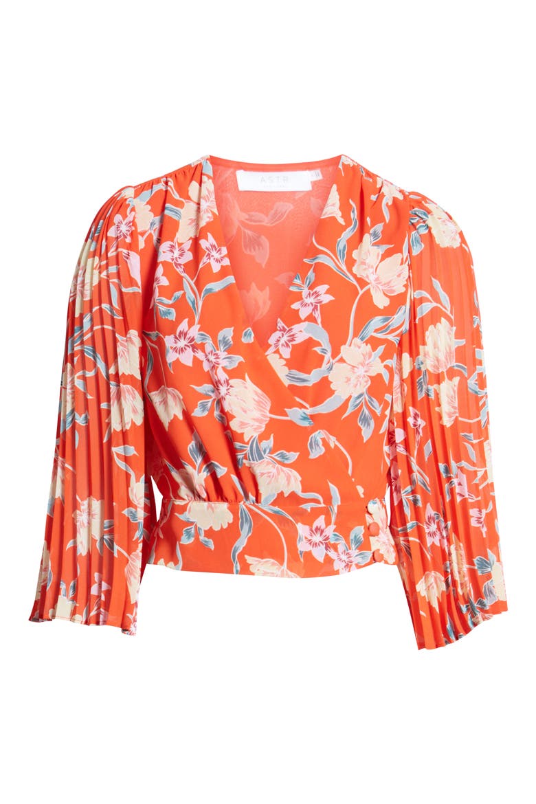 the Label Floral Pleated Sleeve Wrap Blouse, Alternate, color, RED/ PEACH FLORAL