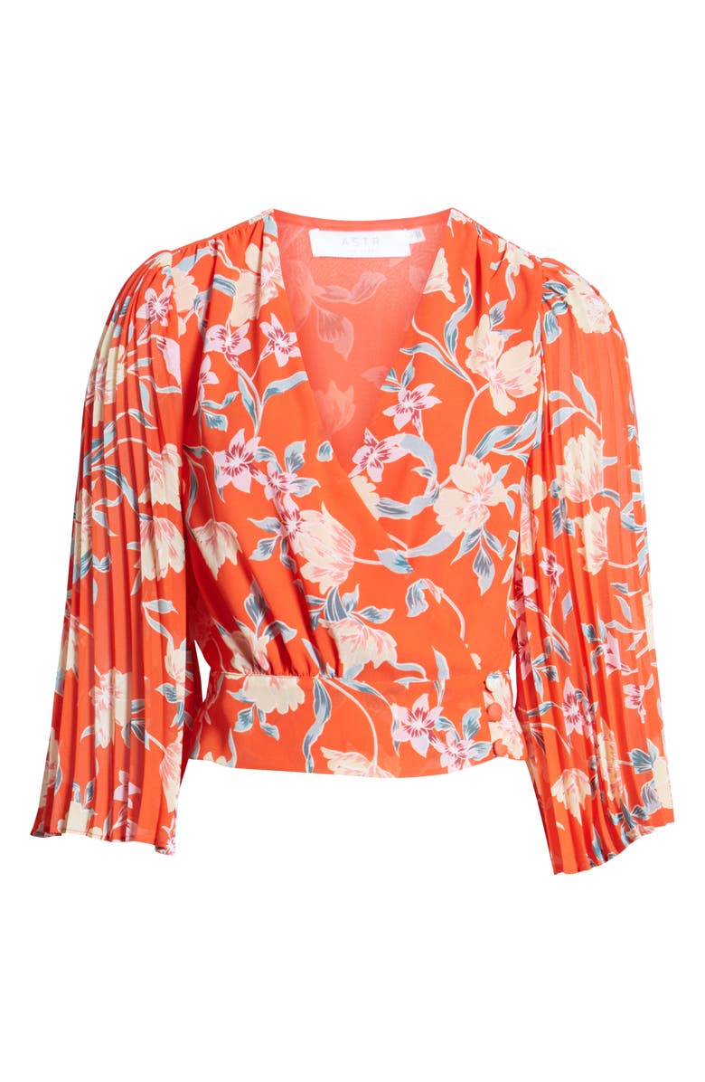 ASTR the Label Floral Pleated Sleeve Wrap Blouse, Alternate, color, Red/ Peach Floral