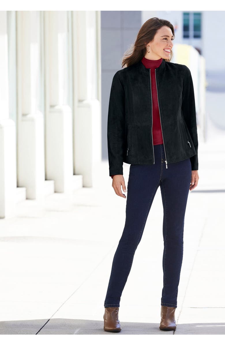 Jessica London Suede Zip-Front Jacket, Main, color, Black