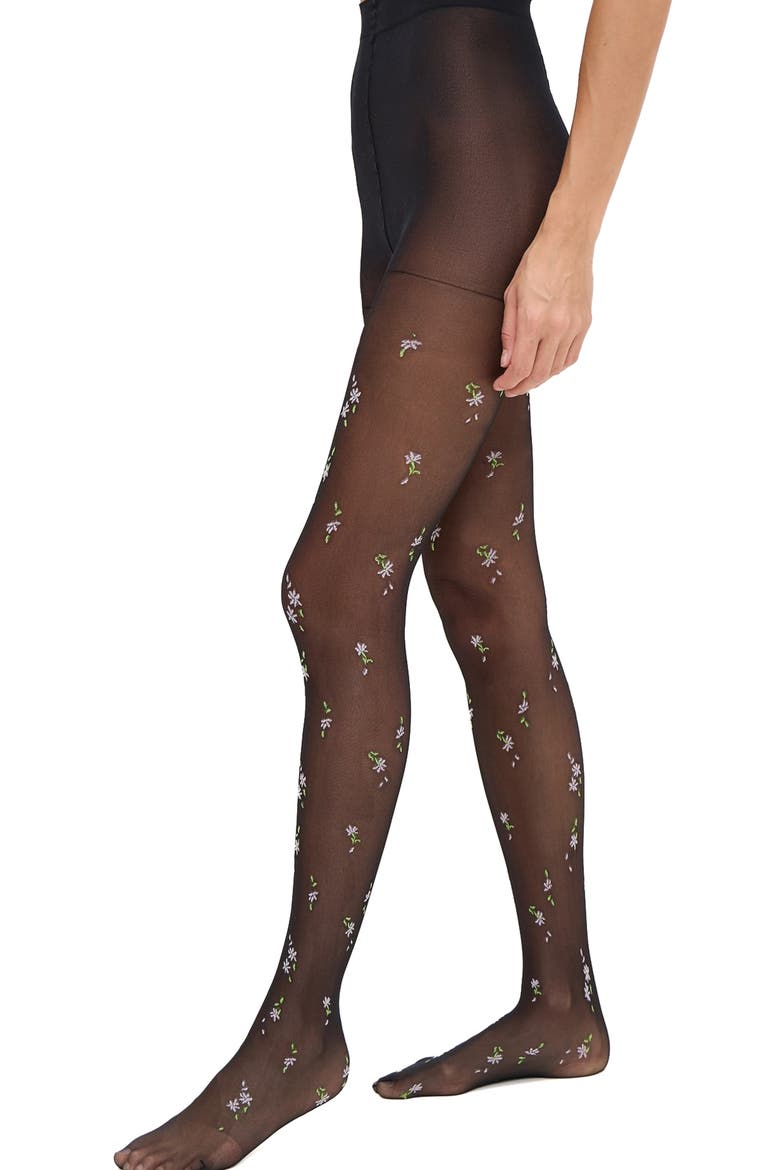 Embroidered Floral Sheer Tights, Main, color, BLACK