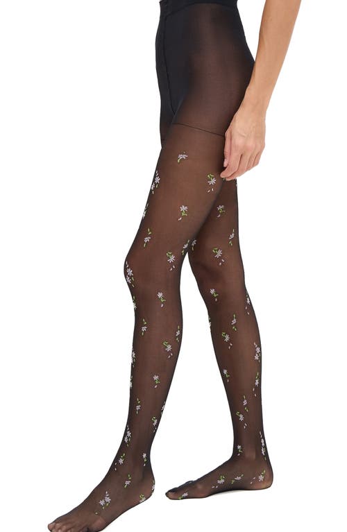 Stems Embroidered Floral Sheer Tights in Black 