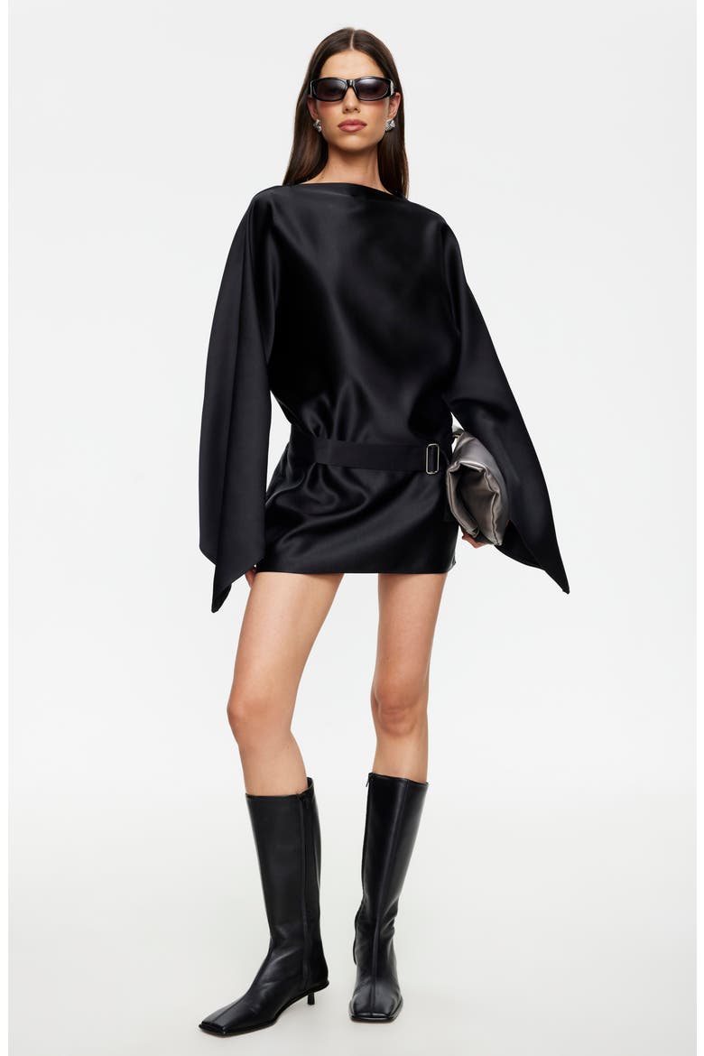 Touch Long Sleeve Satin Minidress, Alternate, color, NOIR