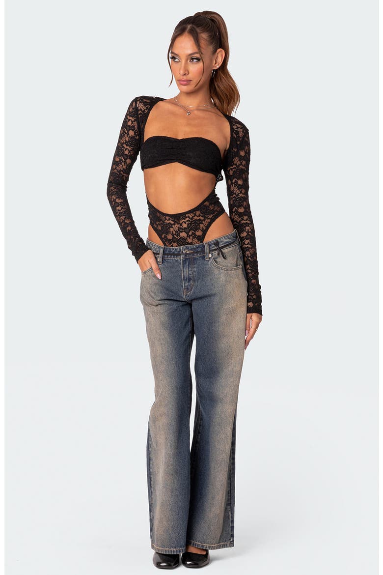 Zoey Lace Two-Piece Bandeau & Bodysuit, Alternate, color, BLACK