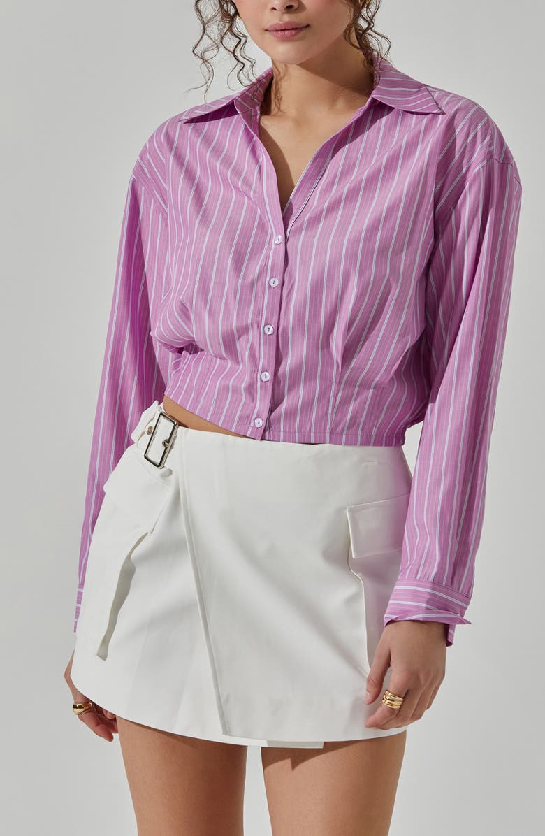 ASTR the Label Pinstripe Cotton Crop Button-Up Shirt, Alternate, color, Pink Stripe