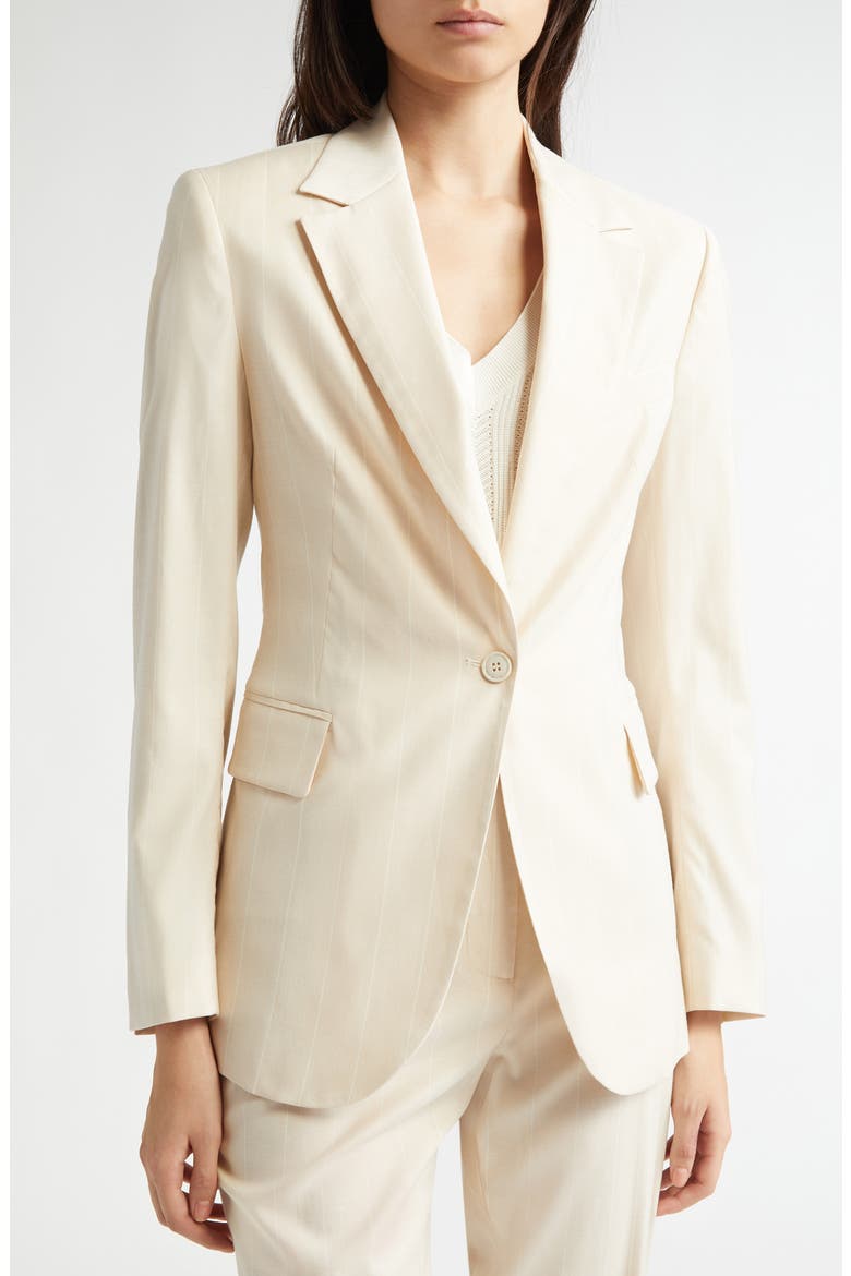 Pinstripe One-Button Stretch Virgin Wool Blend Blazer, Alternate, color, SAND