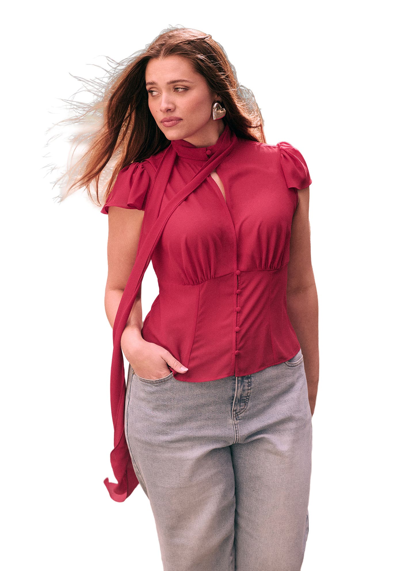Flutter Sleeve Top With Necktie