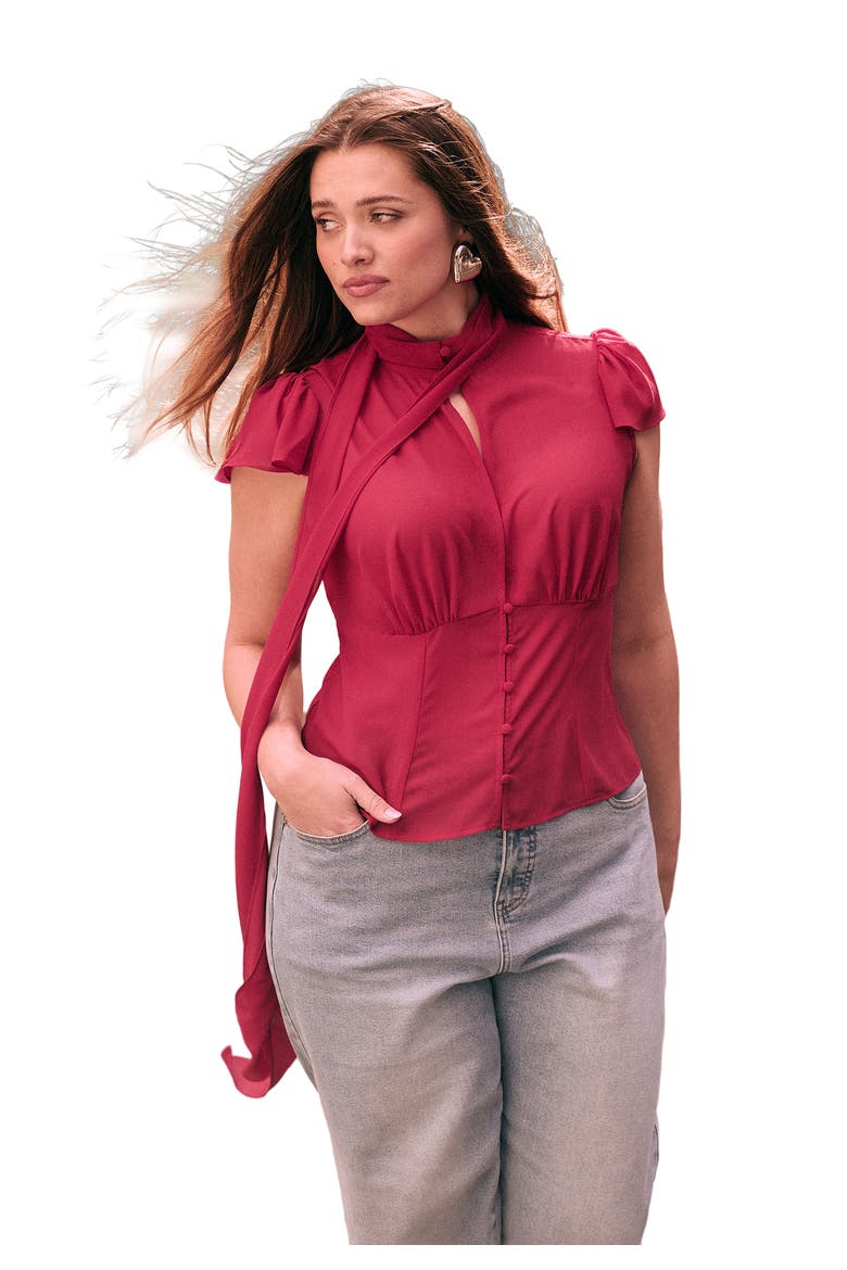 Flutter Sleeve Top With Necktie, Main, color, CRIMSON