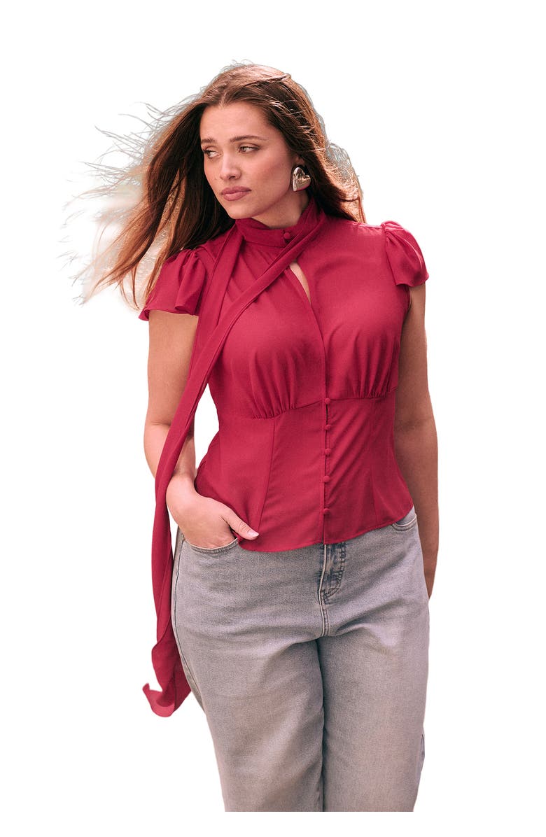 ELOQUII Flutter Sleeve Top With Necktie, Main, color, Crimson