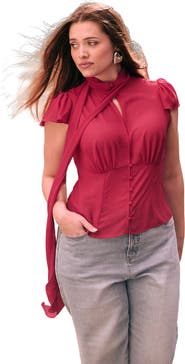 ELOQUII Flutter Sleeve Top With Necktie