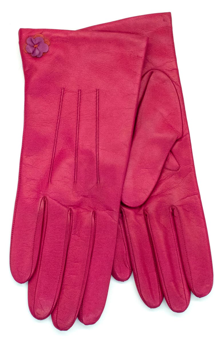 Portolano Flower Appliqué Leather Gloves, Main, color, Fuschia/ Ora/ Clo