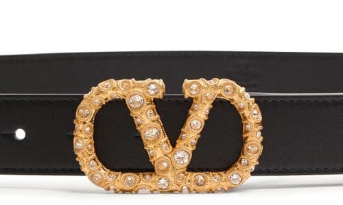 Valentino 30mm Vlogo Signature Leather Belt In Black/crystal