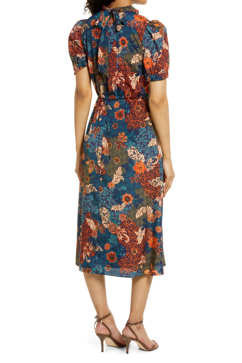 Floral Puff Sleeve A-Line Midi Dress, Alternate, color, NAVY MULTI