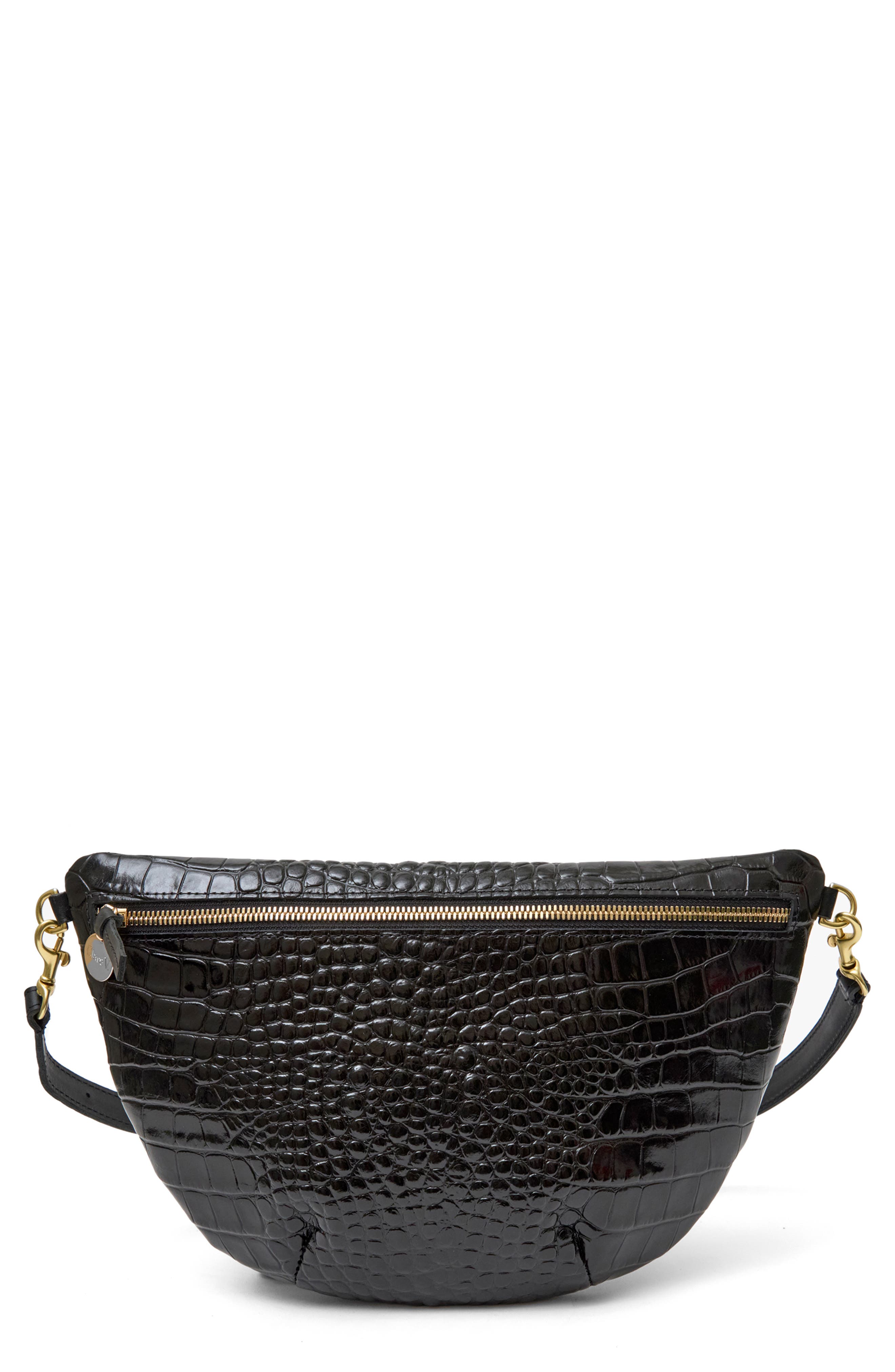 Clare V. Grande Croc Embossed Leather Belt Bag, Main, color, Black