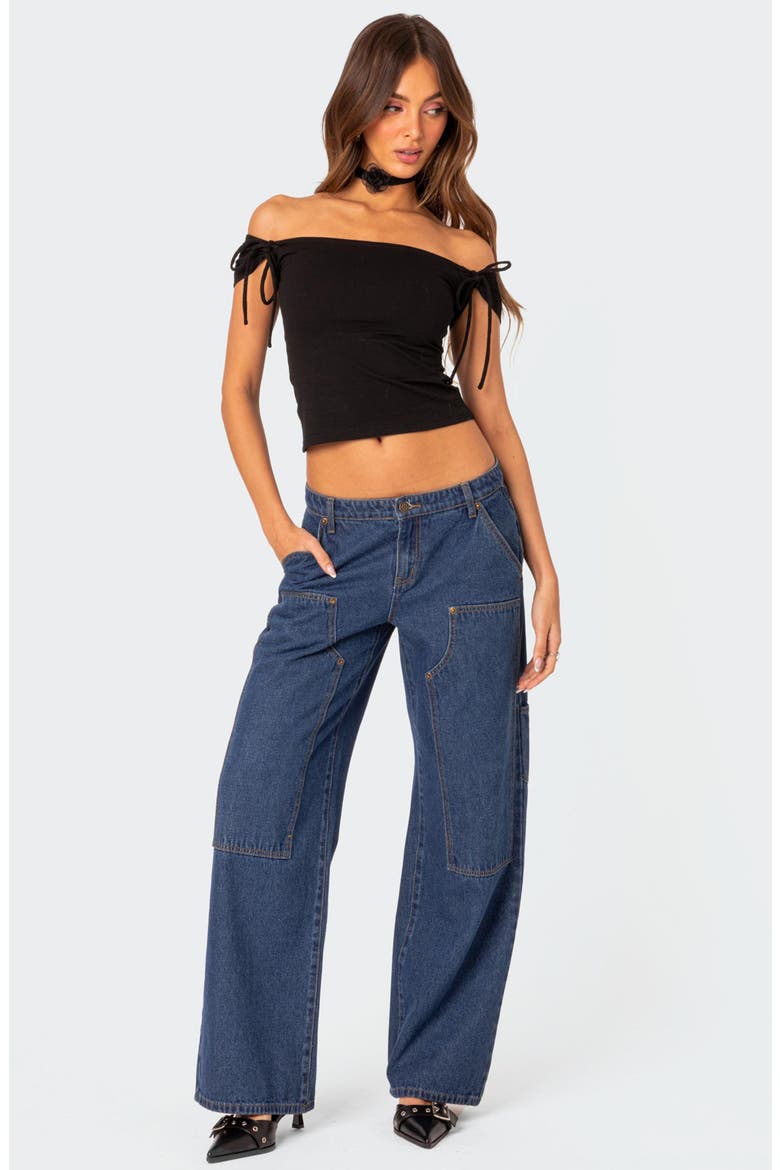 Jess Tie Sleeve Off the Shoulder Crop Top, Alternate, color, BLACK