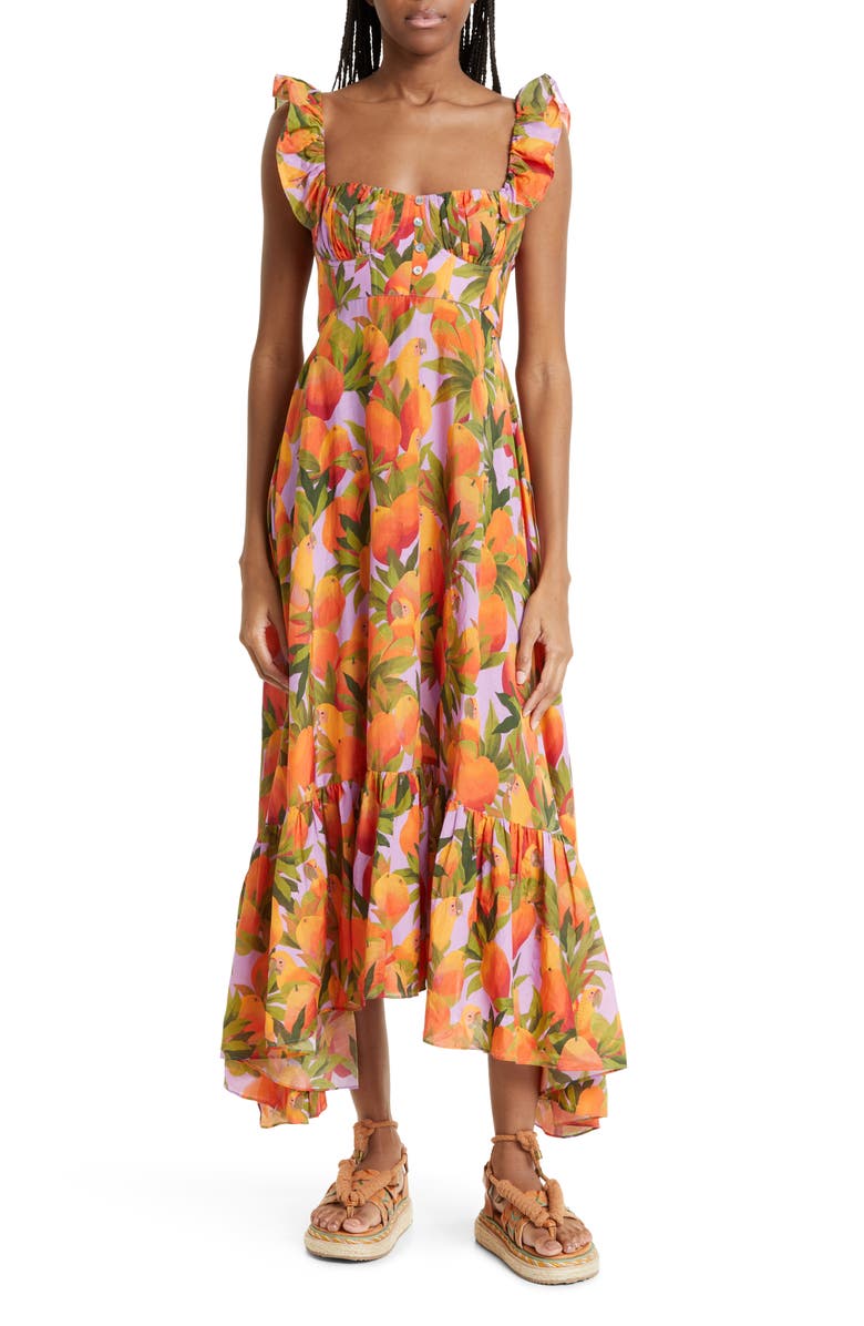 FARM Rio Mango Macaws Ruffle Cotton Blend Maxi Dress, Main, color, 