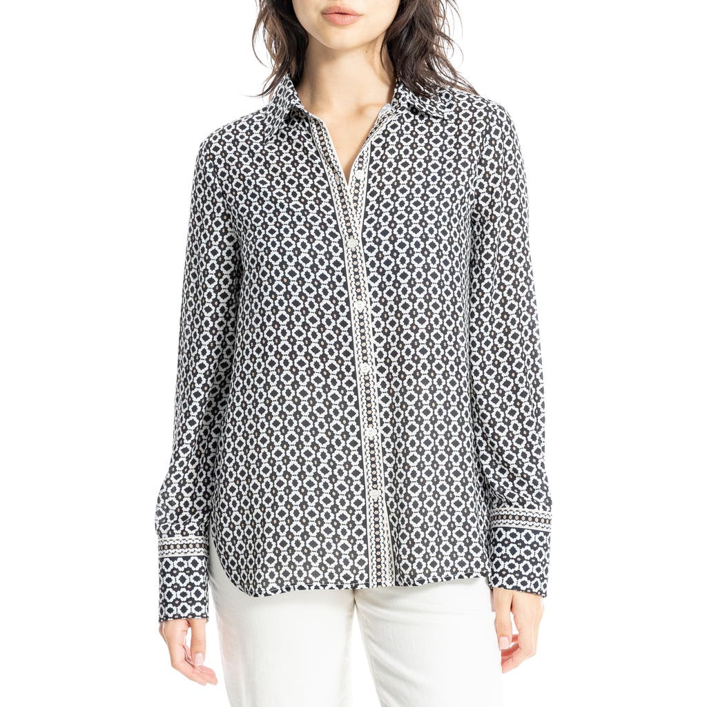 Max Studio Printed Long Sleeve Button-up Shirt In Black/cream Shmrk Strmrs
