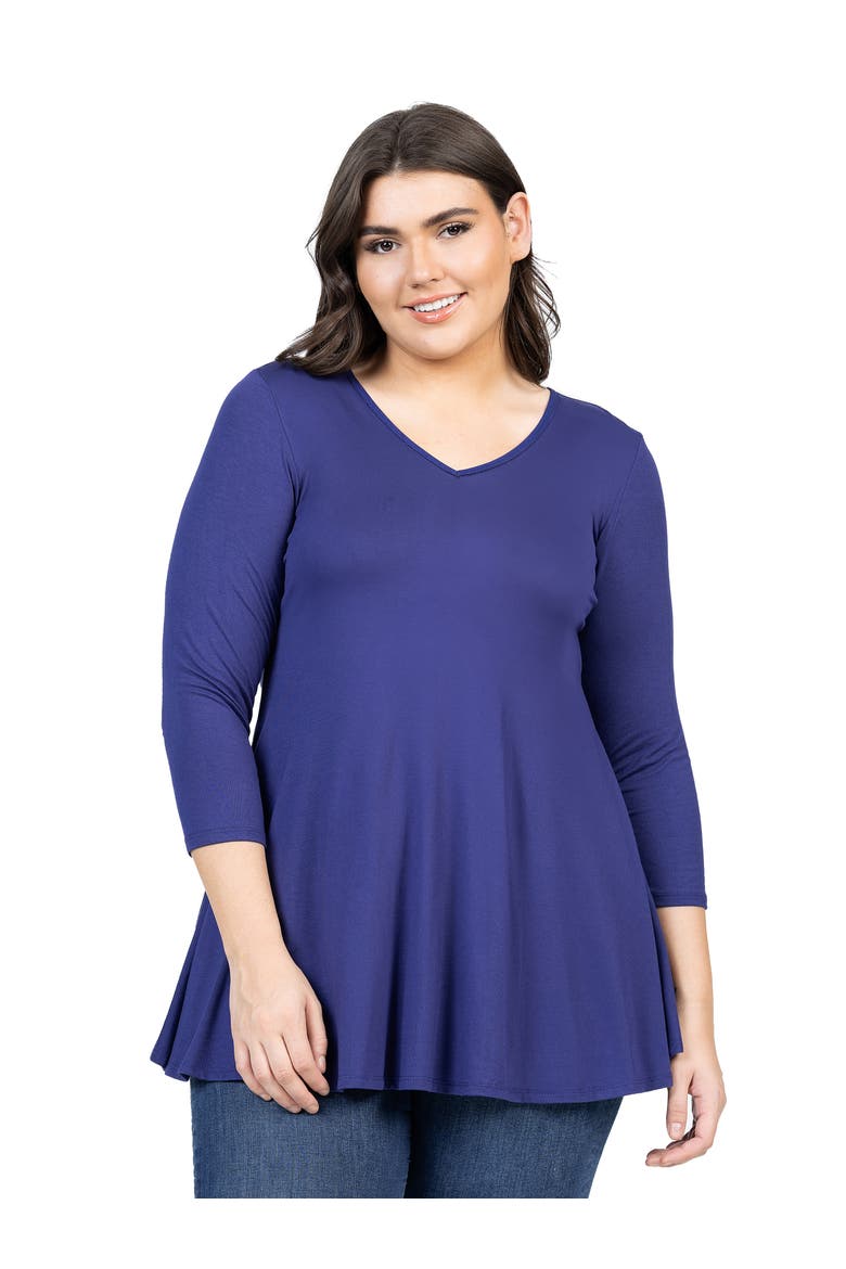 Plus Size Three Quarter Sleeve V Neck Tunic Top, Main, color, Navy
