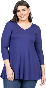 24seven Comfort Apparel Plus Size Three Quarter Sleeve V Neck Tunic Top