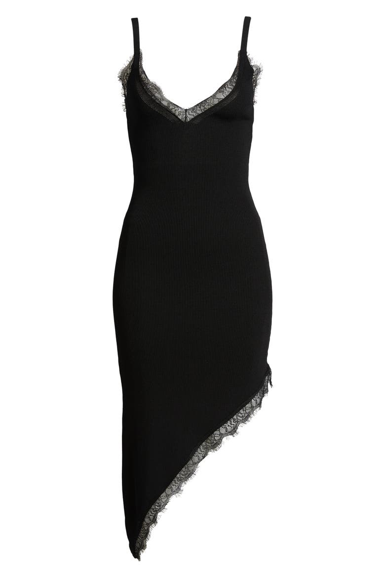 Asymmetric Lace Trim Rib Sweater Dress, Alternate, color, BLACK