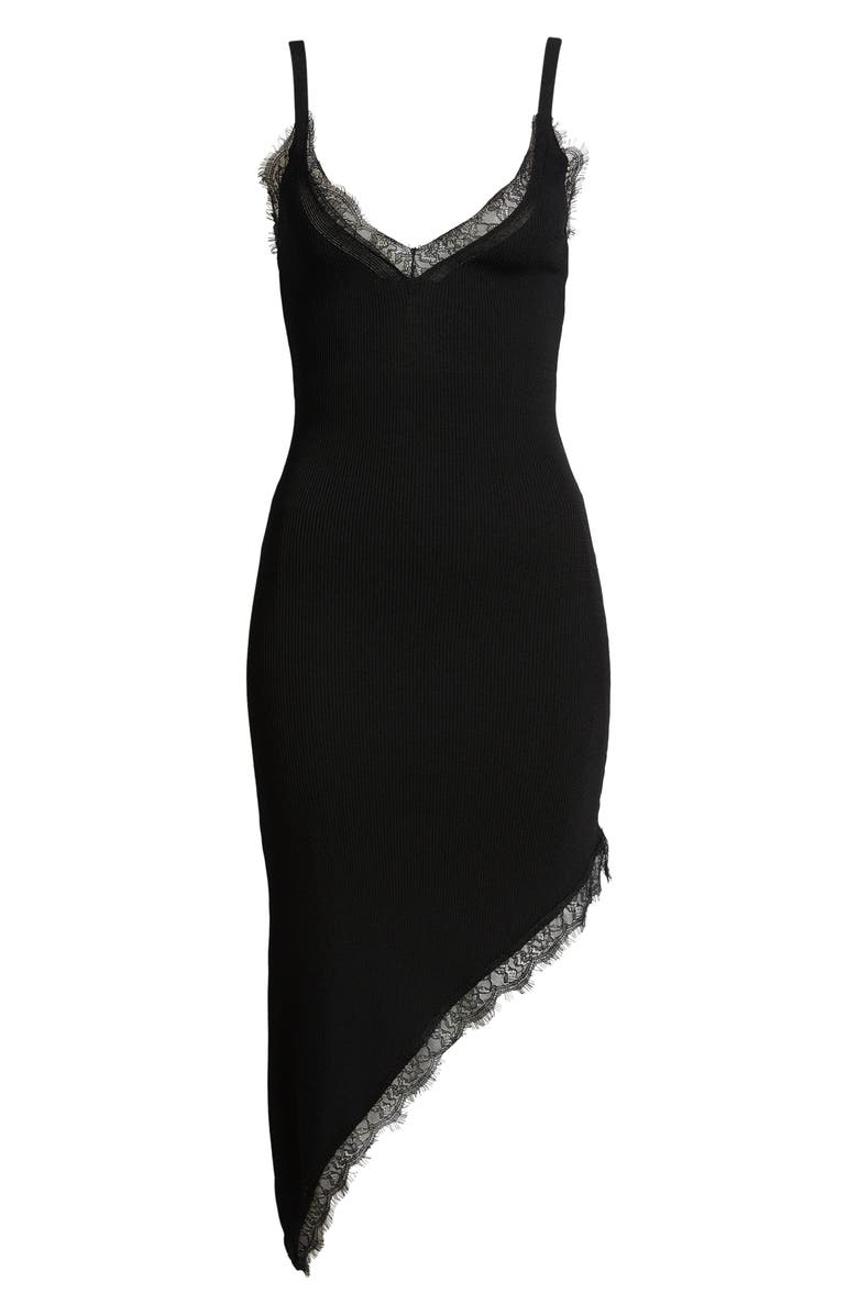 MANGO Asymmetric Lace Trim Rib Sweater Dress, Main, color, Black