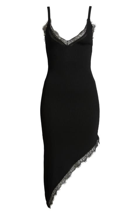 Asymmetric Lace Trim Rib Sweater Dress