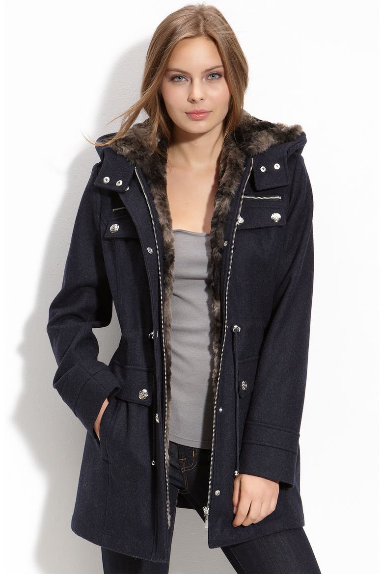 Wool Blend Anorak with Faux Fur Trim, Main, color, HEATHER NAVY