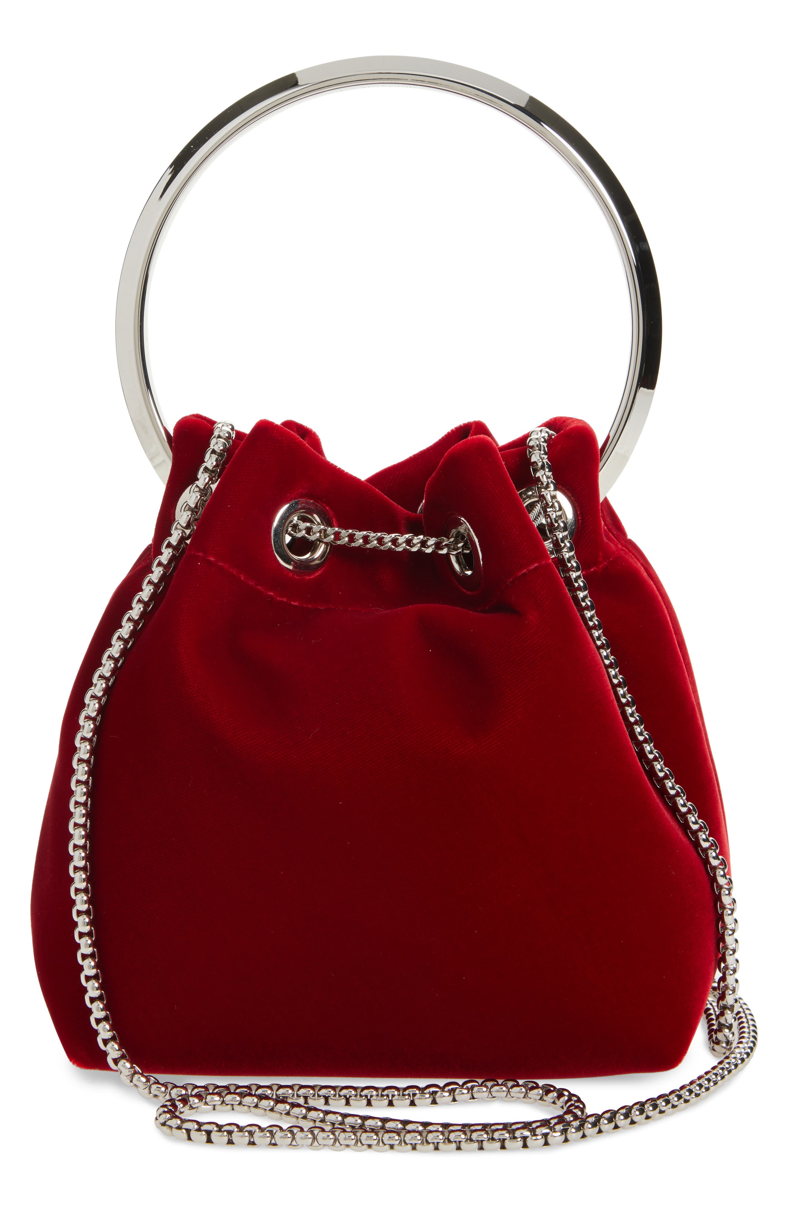 Jimmy Choo Bon Bon Bucket Bag, Alternate, color, Ruby Red/ Silver