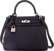 Pre-Owned Hermes Kelly Handbag Black Togo with Palladium Hardware 25