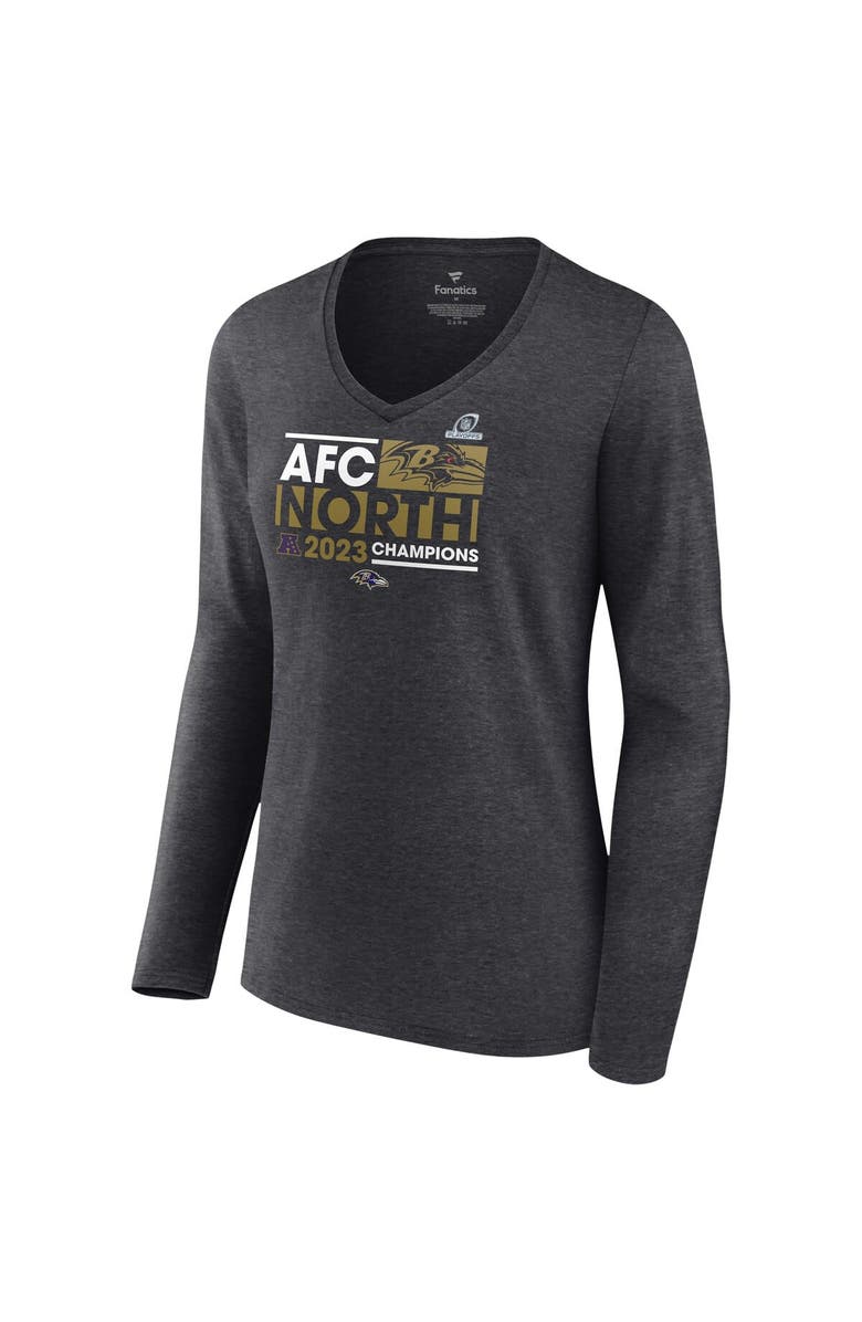 FANATICS Women's Fanatics Branded  Heather Charcoal Baltimore Ravens 2023 AFC North Division Champions Conquer Long Sleeve V-Neck T-Shirt, Alternate, color, 