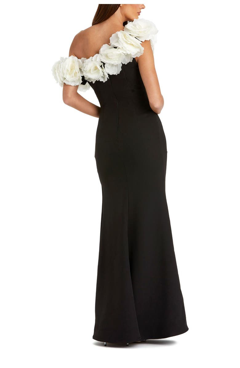 Mac Duggal Jersey Gown With 3D Flower Off The Shoulder Detail, Alternate, color, Black Cream