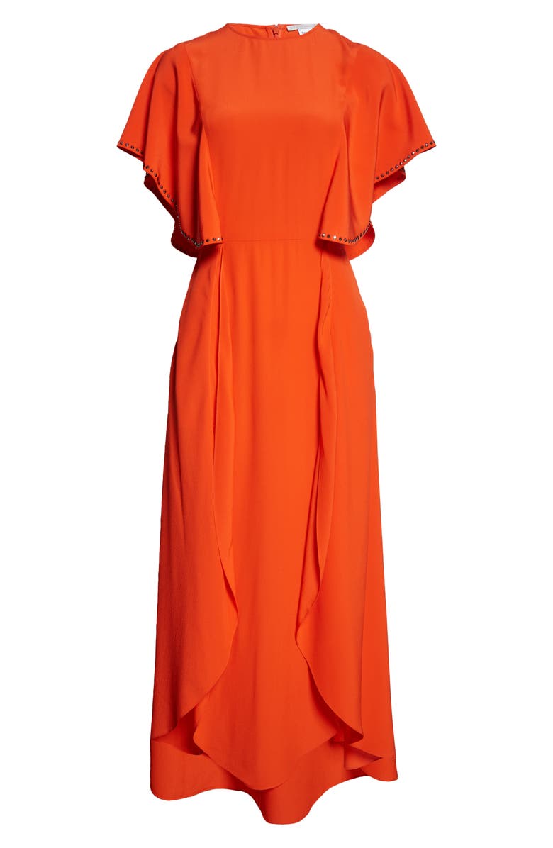 Stella McCartney Embellished Flutter Sleeve Silk Crêpe de Chine High-Low Midi Dress, Alternate, color, 