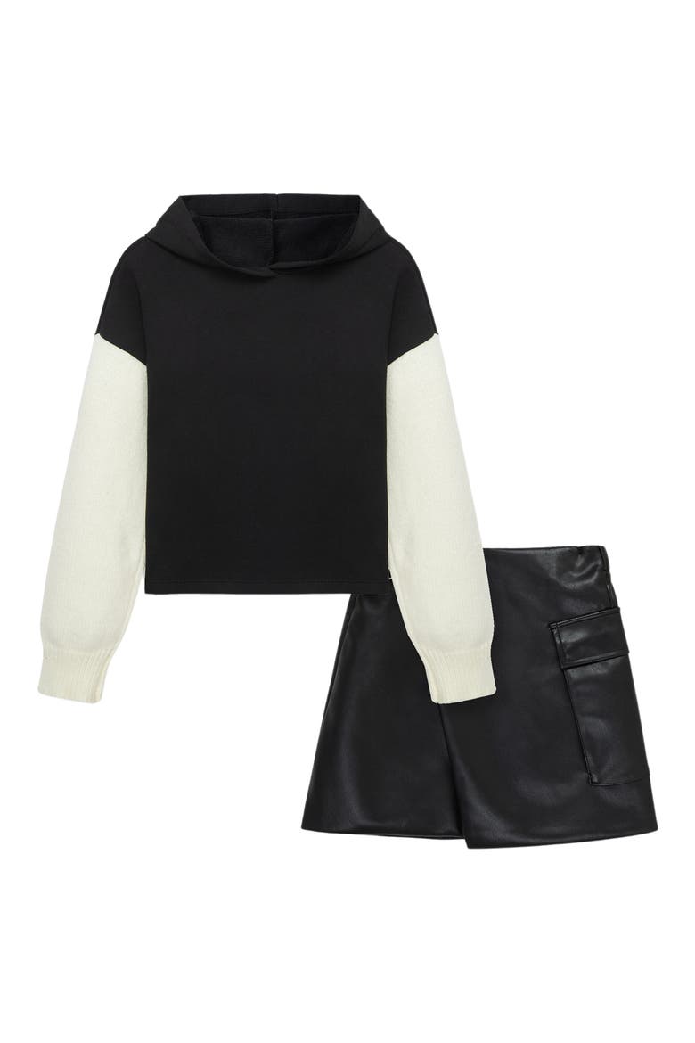 Kids' Colorblock Hoodie & Faux Leather Skort Set, Main, color, BLACK