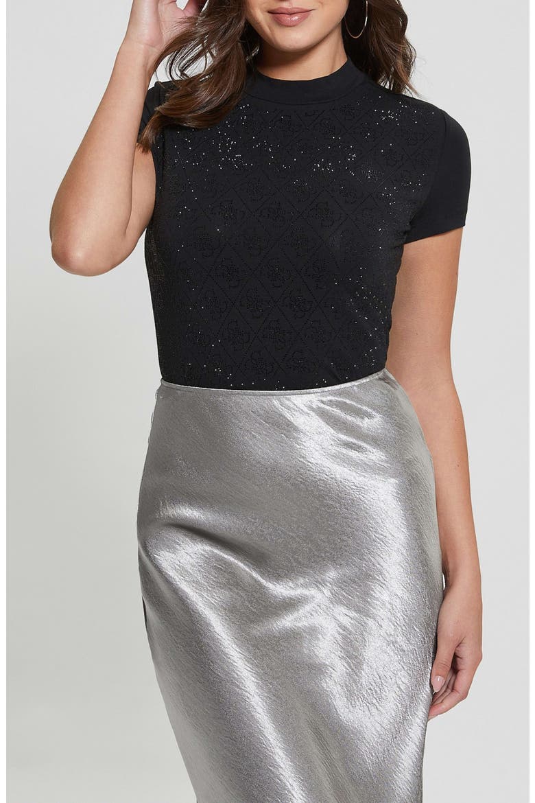 Rhinestone Pattern Mock Neck Organic Cotton Blend Top, Main, color, JET BLACK