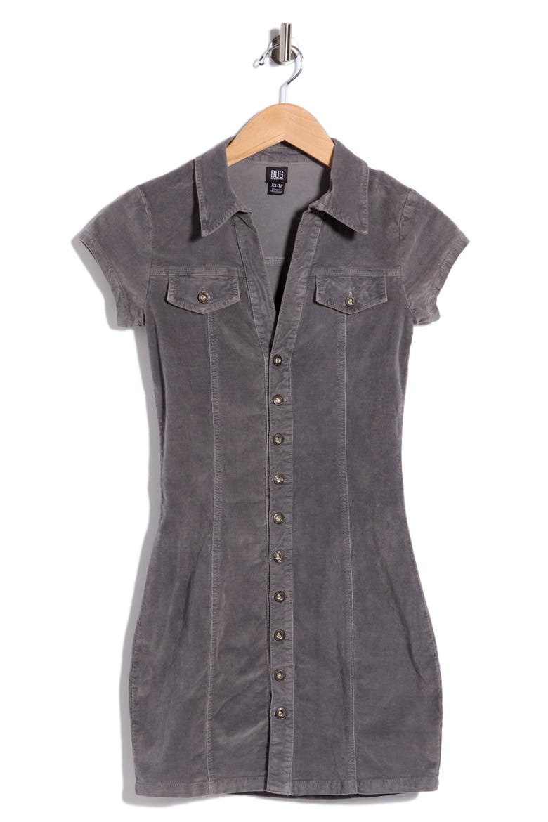 Short Sleeve Corduroy Mini Shirtdress, Main, color, GREY