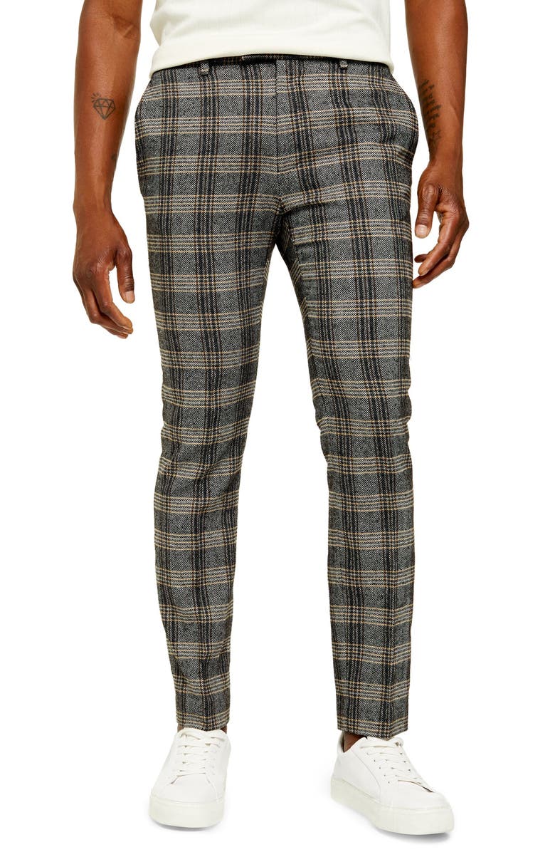 Topman Juice Skinny Fit Plaid Herringbone Pants, Main, color,