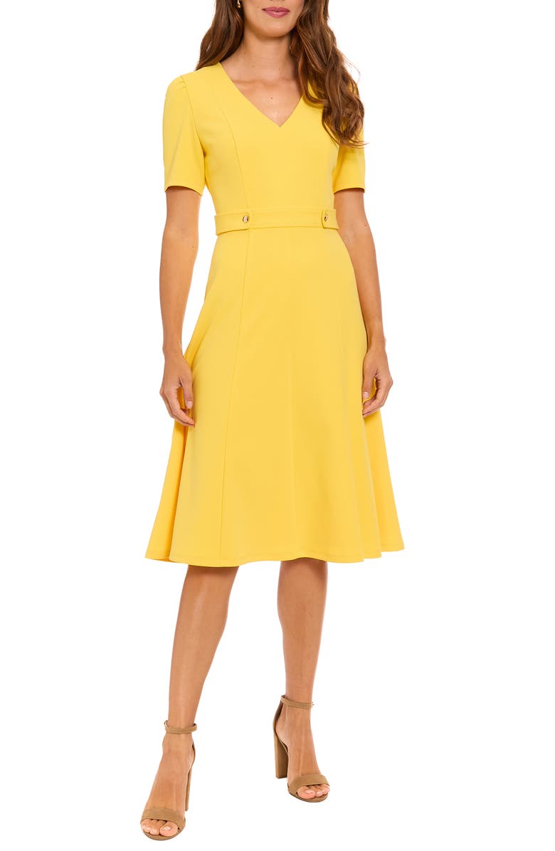 London Times Short Sleeve Side Tab A-Line Midi Dress, Main, color, Banana Cream