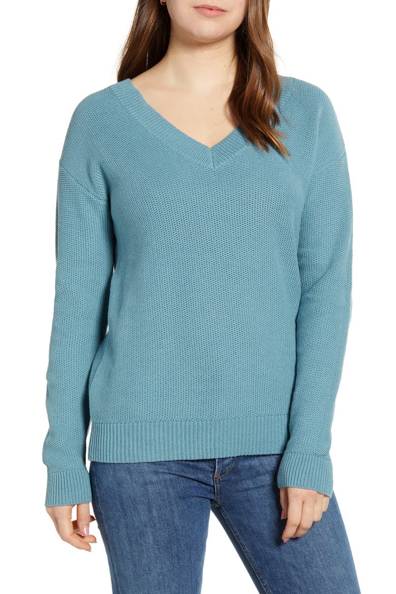 V-Neck Cotton Seed Stitch Sweater, Main, color, BLUE SMOKE