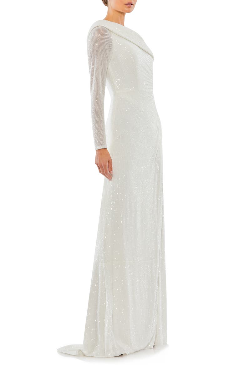 Sequined Drop Shoulder Faux Wrap Gown, Alternate, color, WHITE