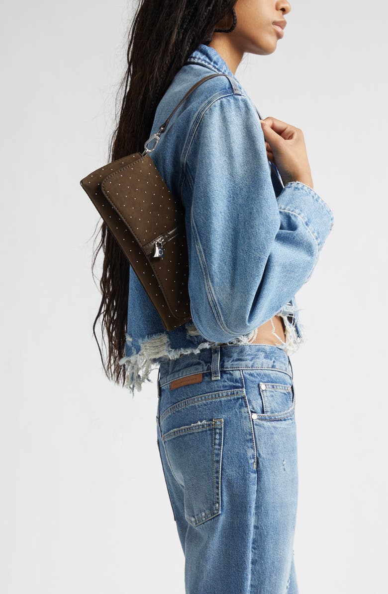 Stella McCartney Ryder Studded Faux Suede Shoulder Bag, Alternate, color, Moka