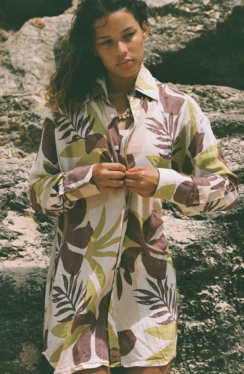 Stone Fox Swim Print Long Sleeve Cover-Up Shirtdress, Alternate, color, Tropical Tonal