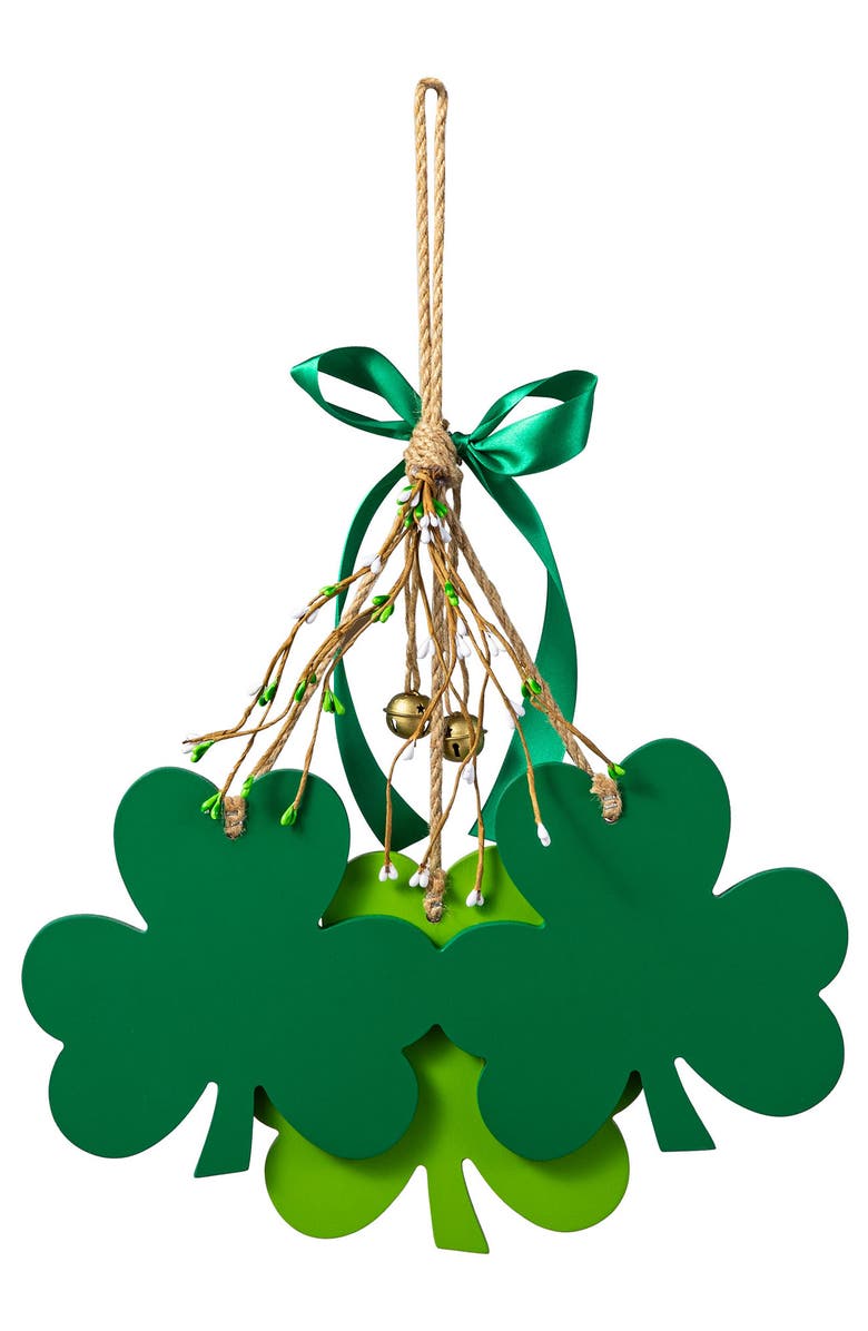 Glitzhome St. Patrick's Wooden Shamrock Door Hanger, Alternate, color, Green