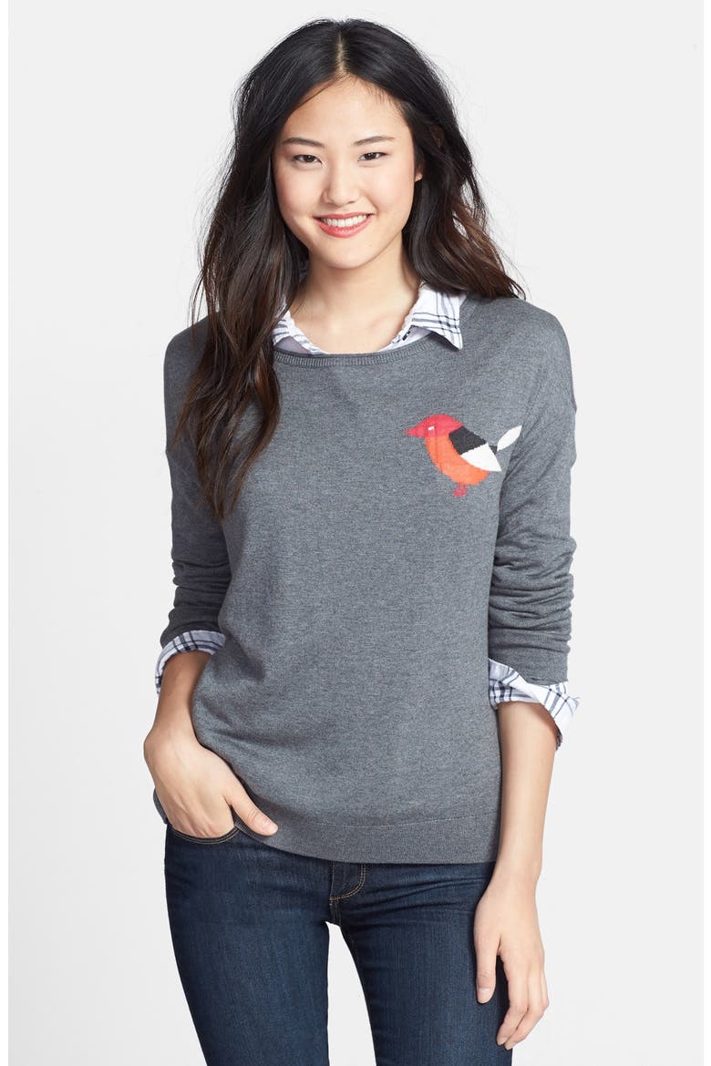 Patterned Long Sleeve Sweater, Main, color, HEATHER GREY/ PINK BIRDIE
