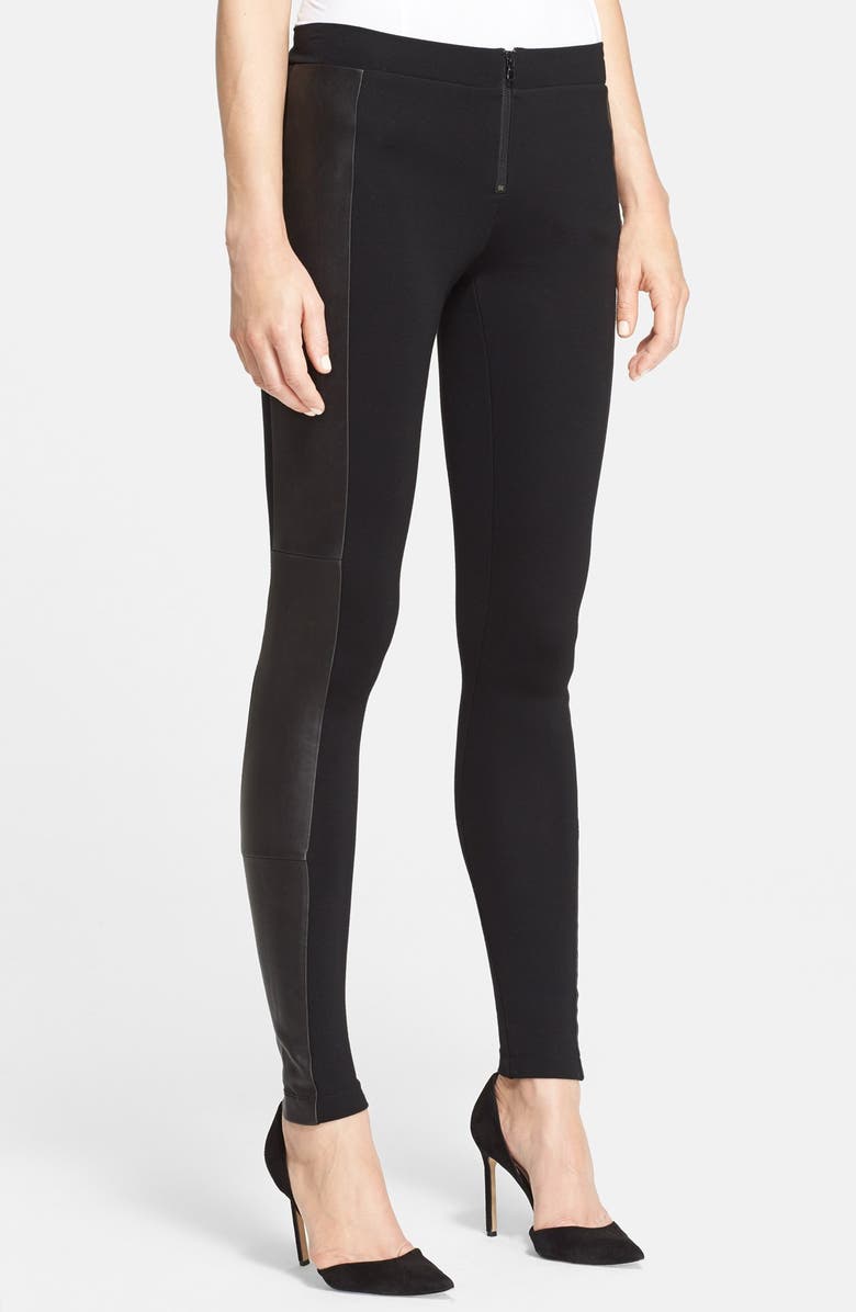 Alice + Olivia Leather Trim Ponte Knit Leggings, Main, color, 