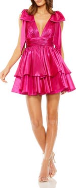 Mac Duggal Oversized Bow Deep V Ruffle Mini Dress